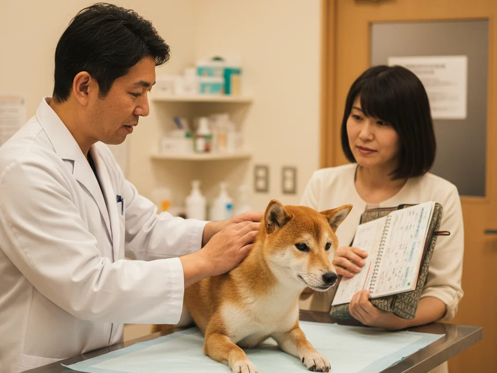 動物病院で診察を受ける柴犬と、お薬手帳を見せる飼い主