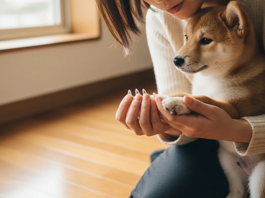 リビングのフローリングに座って小型犬の前足をやさしく持ち、爪の長さを目視で確認する飼い主の手元のクローズアップ