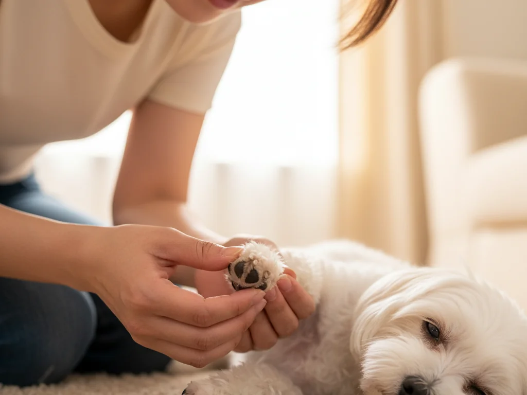 リビングのラグの上で愛犬の肉球をやさしく開いて表面の状態と指の間をチェックする飼い主の手元のクローズアップ
