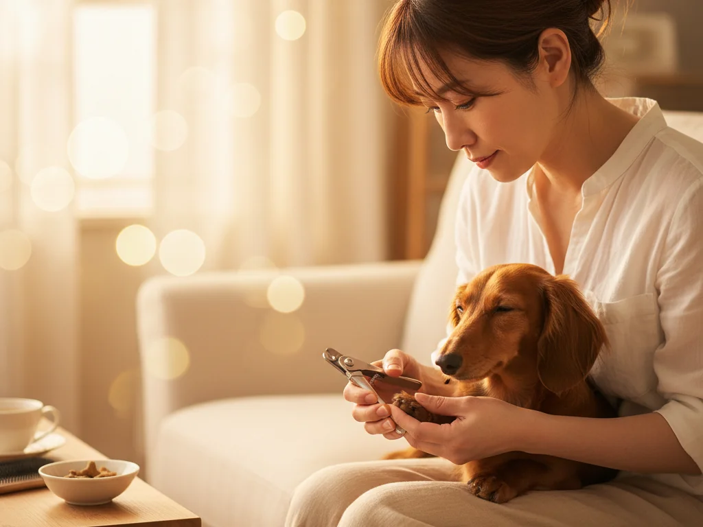 リビングのソファに座る飼い主の膝の上で小型犬の足先をやさしく支えながら、ペット用ギロチン式爪切りで先端を少しずつ切る場面