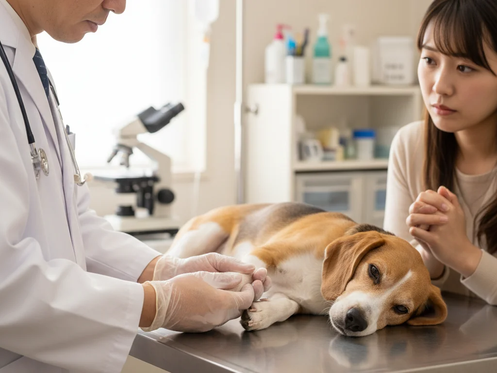 動物病院の診察台の上で愛犬の前足の爪と肉球の状態をやさしく確認する獣医師と、傍らで見守る飼い主のクローズアップ