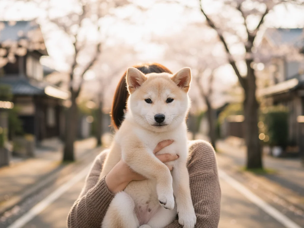 抱っこ散歩で外の景色を眺める子犬と、優しく支える飼い主の手元