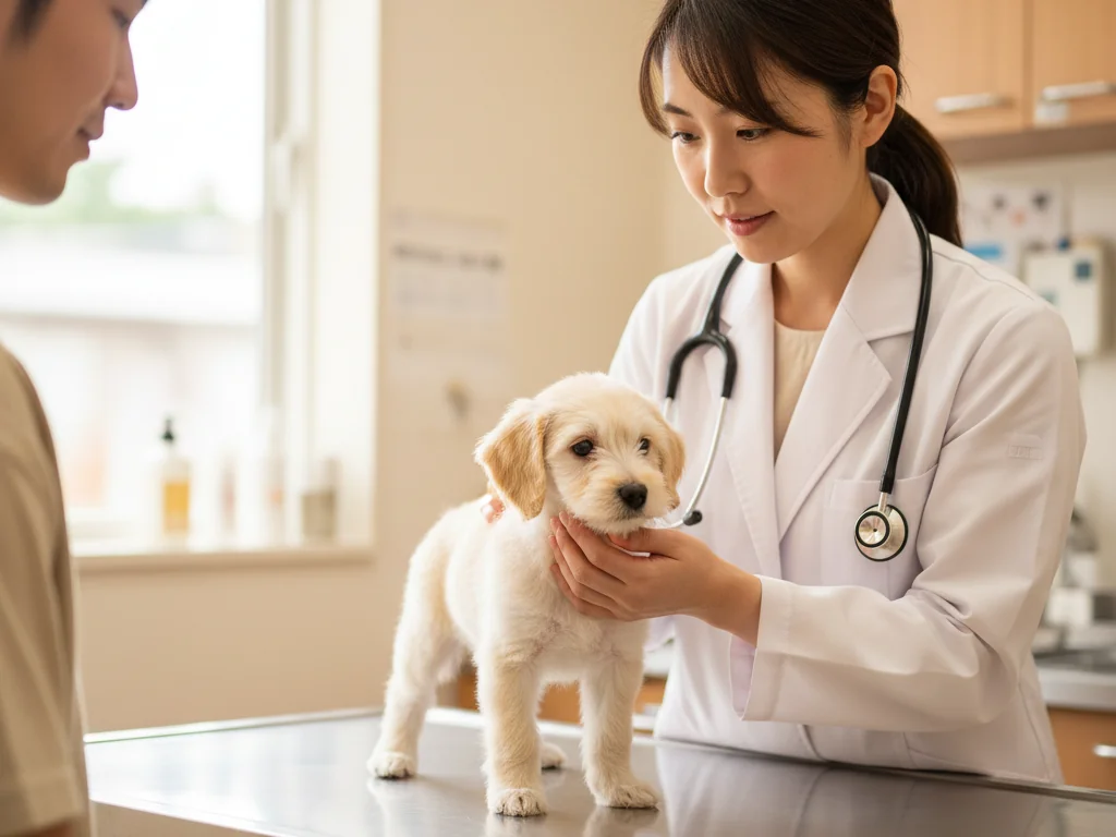 動物病院の診察室で、優しく触診される子犬と落ち着いて見守る飼い主