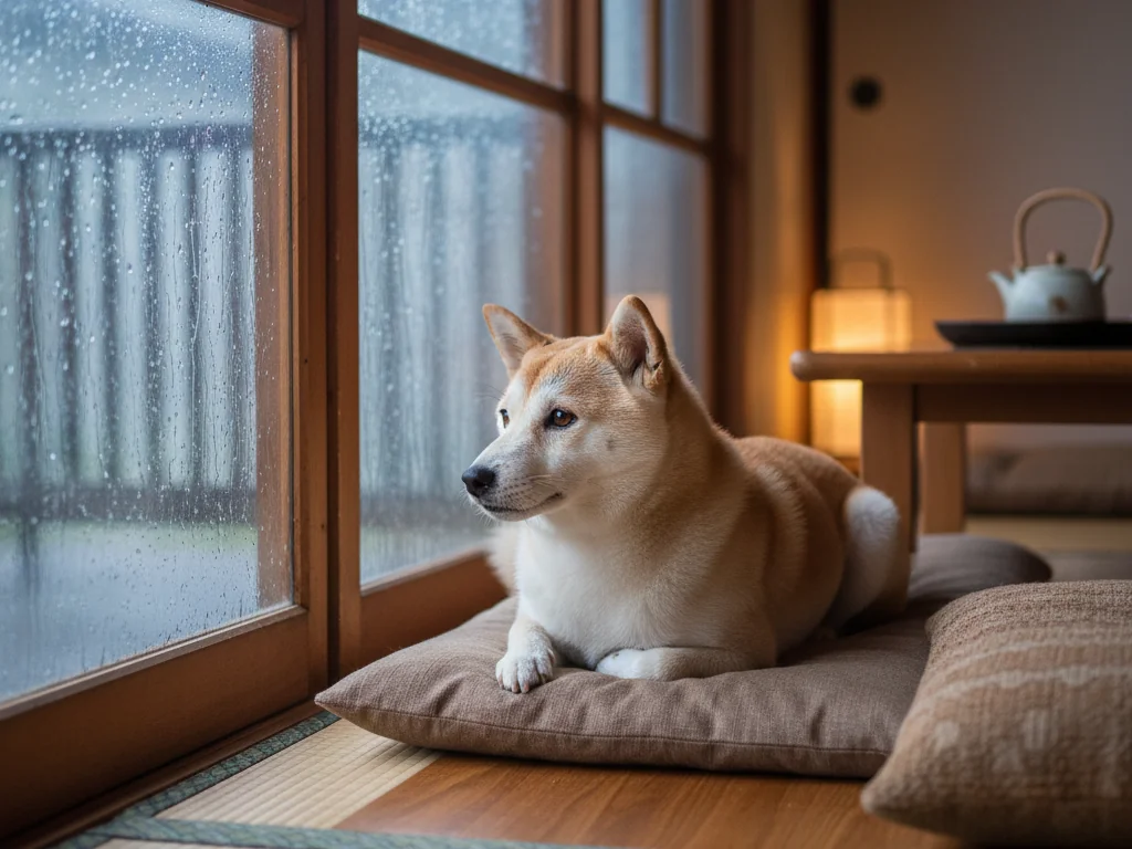 梅雨どきのリビングで静かに窓辺に伏せて雨音を聞いている小型犬と、薄暗いやわらかい光