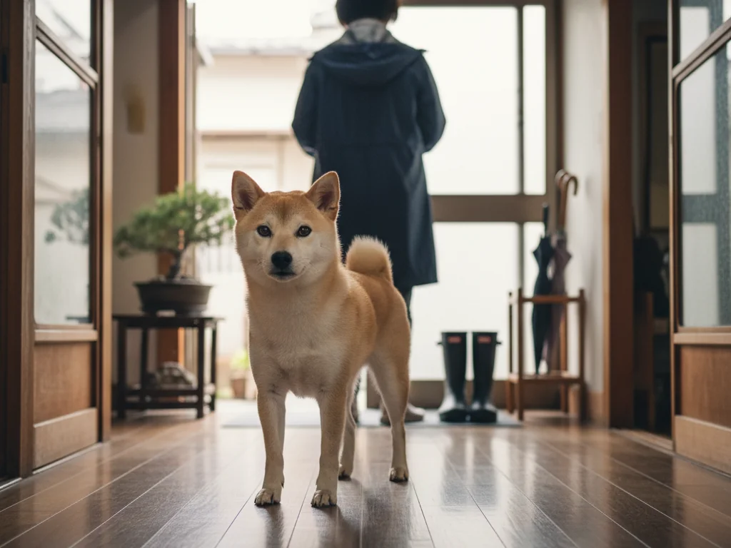 出かける支度をする飼い主の後ろをじっと見つめて落ち着かなさそうに歩く小型犬と、玄関先の様子
