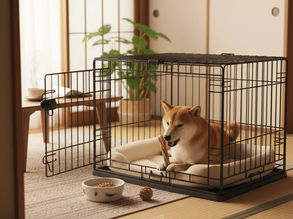 リビングの一角に置かれた愛犬用のクレートと水皿、長持ちおやつの入った知育玩具をくわえてくつろぐ小型犬