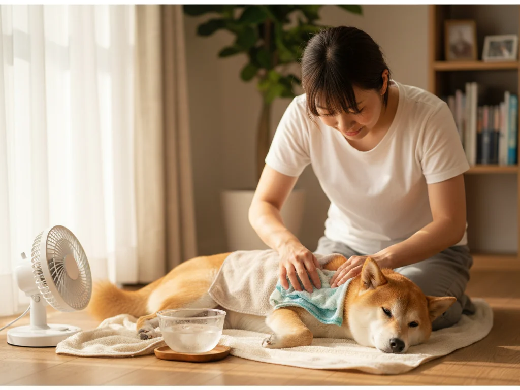 ぐったりした犬の体を濡れタオルで包み、扇風機と水を用意して応急処置で冷やす飼い主の手元