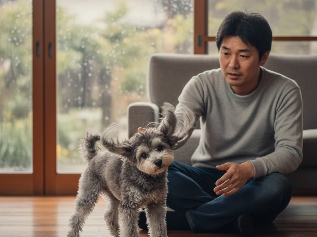 梅雨どきの湿った空気の中で頭をブルブルと振る垂れ耳の小型犬と、それに気づいて優しく耳元を確認しようとする飼い主の手