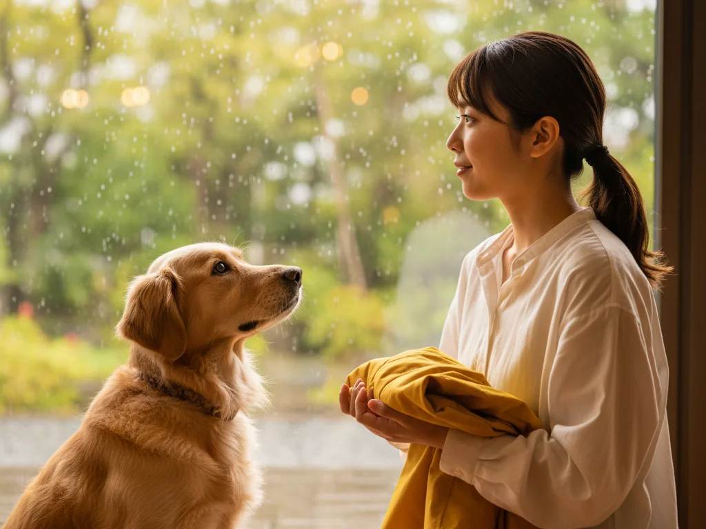 レインコートを手に雨の天気を見る飼い主と犬