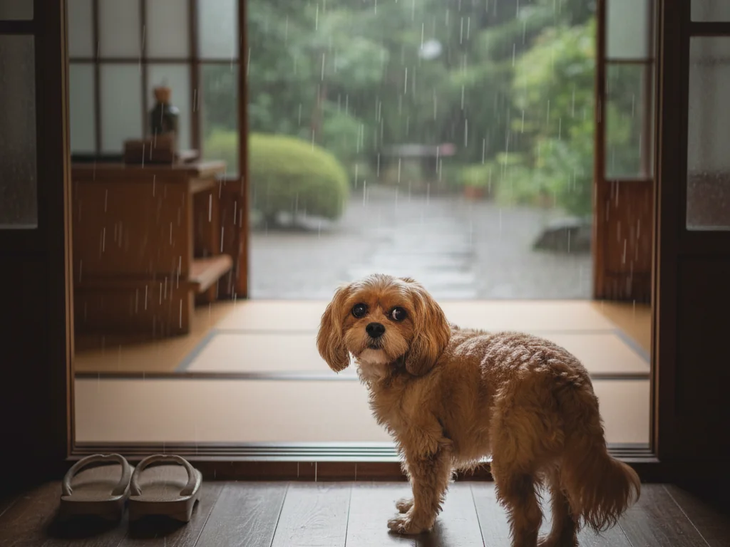 雨の日に玄関先でためらい振り返る犬