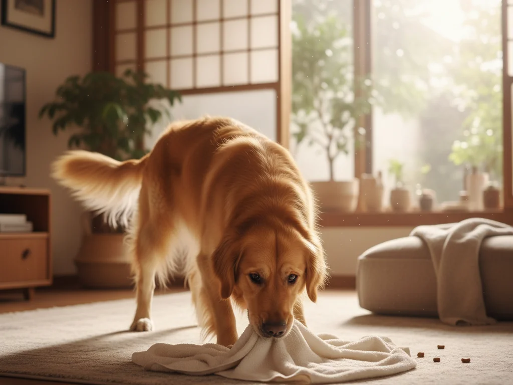 室内でノーズワークを楽しむ犬