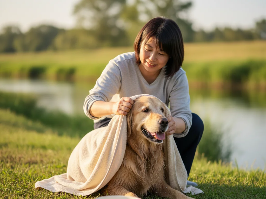 水遊びの後、川辺の芝生で犬の体を大きなタオルで包んで拭き、保温する飼い主